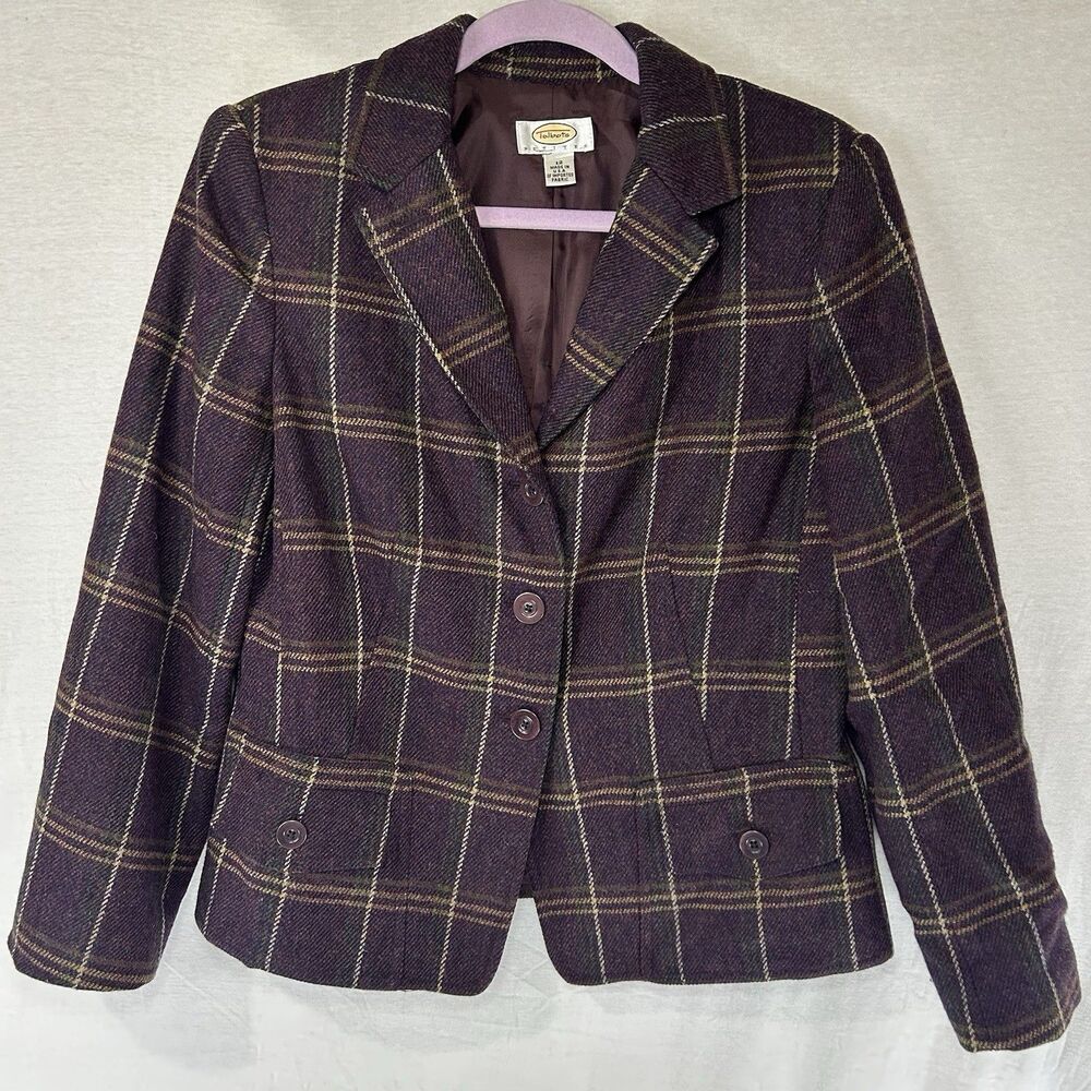 TALBOTS Women’s Wool Blazer Jacket-Size 12 Purple Plaid Academia English Preppy‎